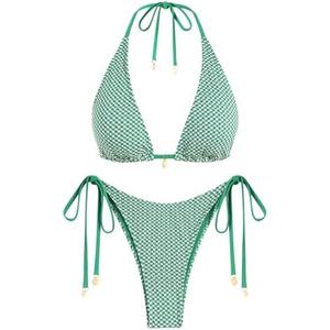 ZAFUL Women's Triangle Bikini Multiway Fishnet Tie Side Bandeau Halter String Bikini Set Two Piece Swimsuit Bathing Suits, Size: L