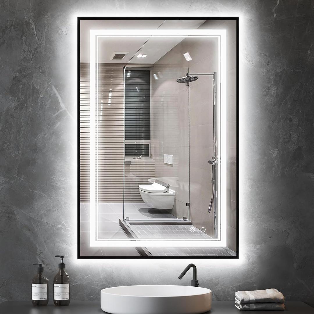 LED Bathroom Mirror with Front and Backlit 24"x36", Black Frame, Wall Mounted, Dual LED Strips, Fogless, Dimmable, 3 Color Changing, Shatterproof, Horizontal/Vertical