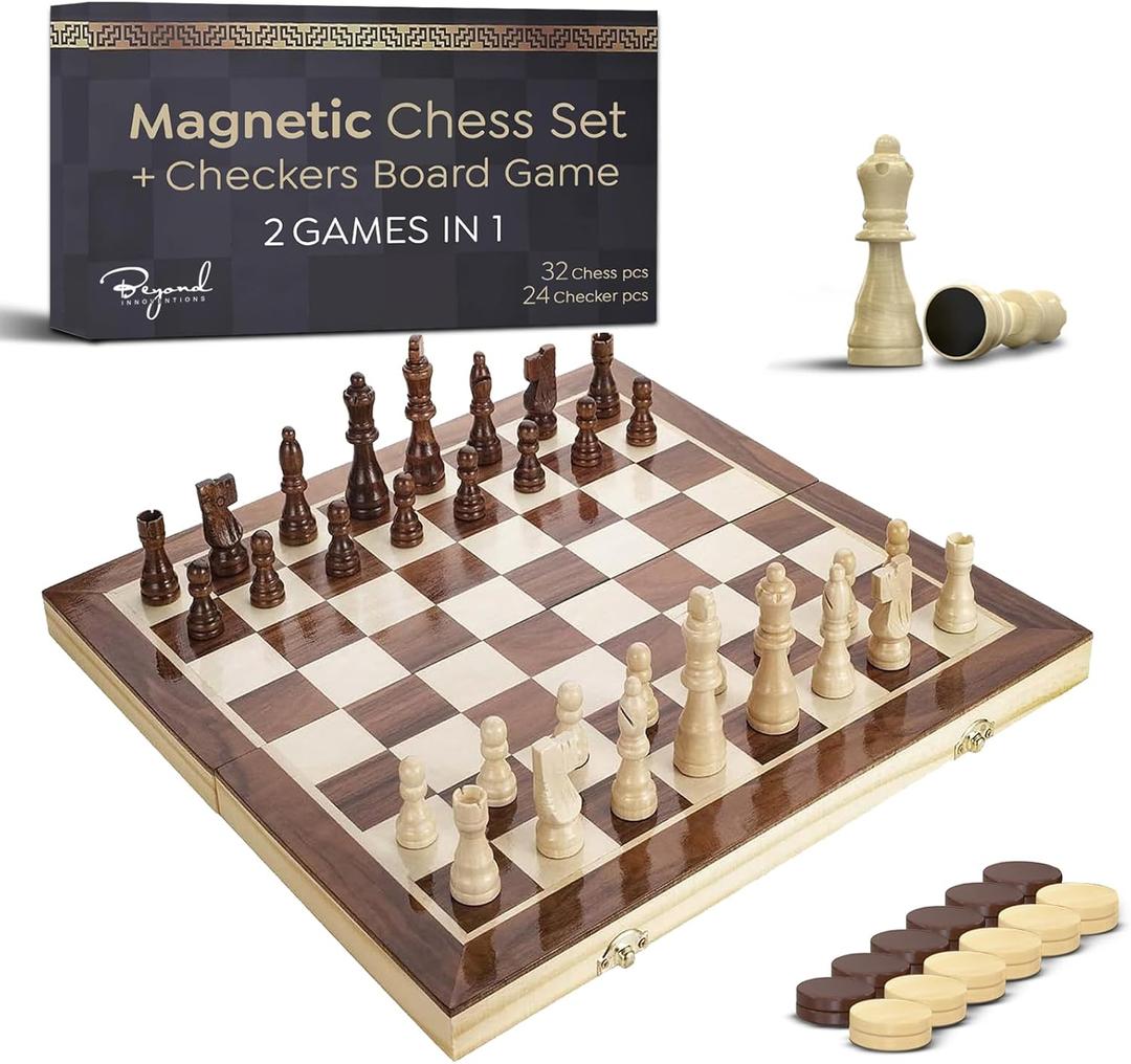 Wooden Magnetic Chess Set & Checkers Board Game, 15 Foldable Chess Board | Solid Wood 2-in-1 Board Game for Adults with Storage Box, 2 Extra Queens, Portable Travel Chess Set for Kids & Beginners