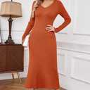 Arach&Cloz 2025 Spring Womens V Neck Long Sleeve Fishtail Sweater Dress Ribbed Knit Slim Fit Bodycon Midi Dress (Orange)