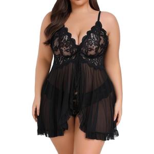 Avidlove Plus Size Lingerie for Women Sexy Lingerie Dress Lace Babydoll Lingerie V-Neck Open Front Strap Nightdress (3X-Large, Black)