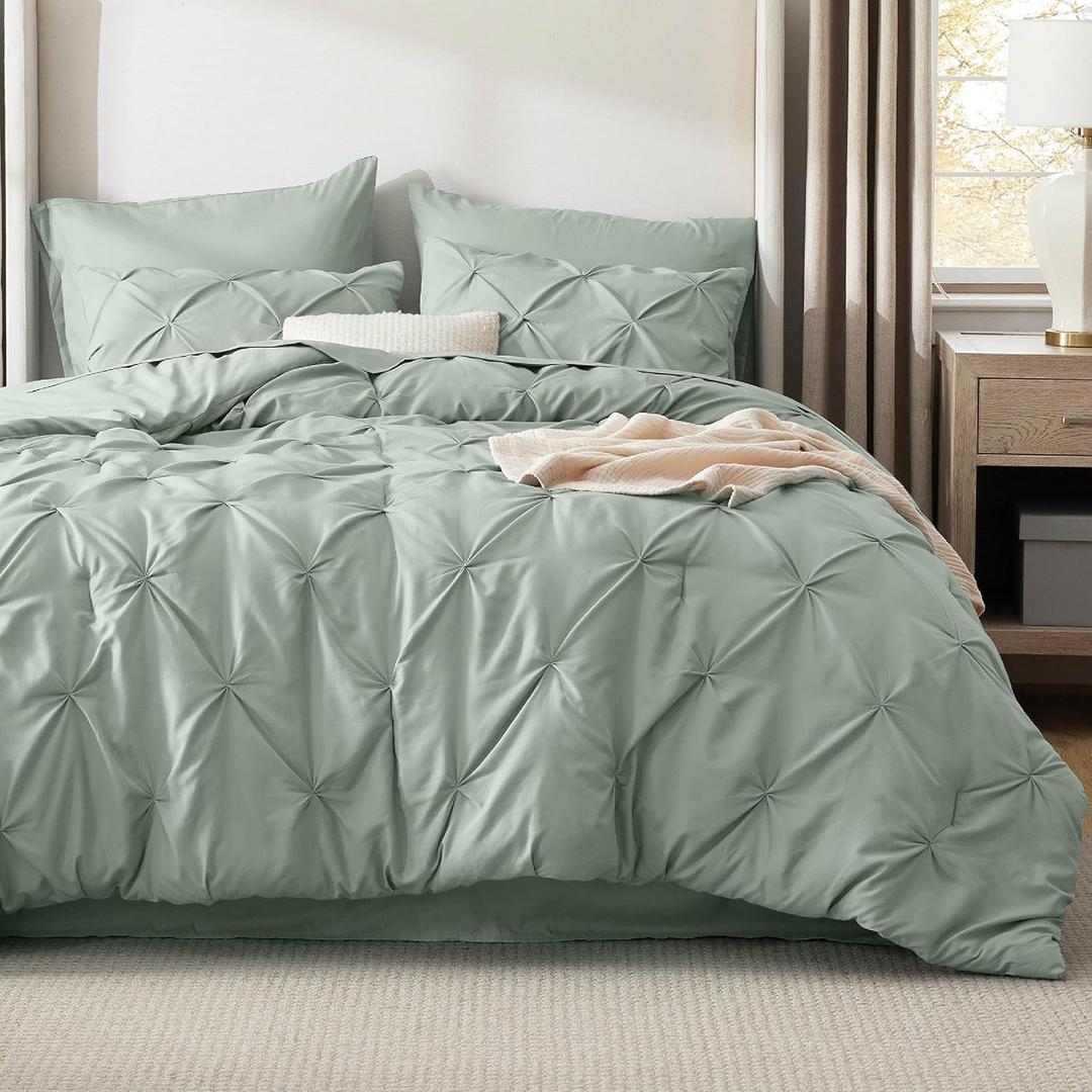 Bedsure King Size Comforter Set Sage Green - Bed in a Bag King Size 7 Pieces, GentleSoft Pintuck Bed Set Gift for Family, Pinch Pleat Sage Green Comforter with Sheets, Pillowcases & Shams (03 - Sage Green)