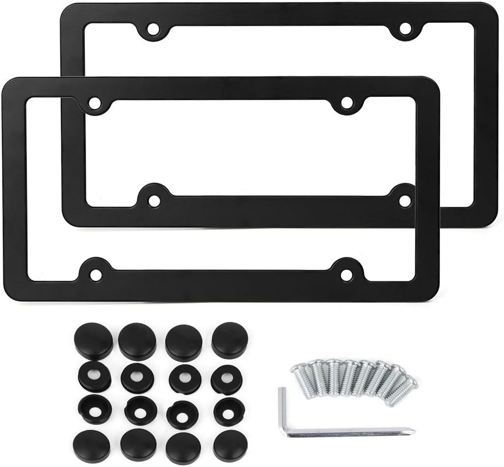 X AUTOHAUX 2 Pcs Aluminum Alloy Car 4 Hole License Plate Frame Holder W/Screw Caps - Black