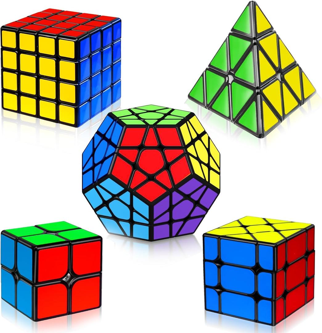 5 Pack Magic Speed Cube Set - 2x2, 3x3, 4x4, Triangle Megaminx Speed Cubes for Kids & Adults