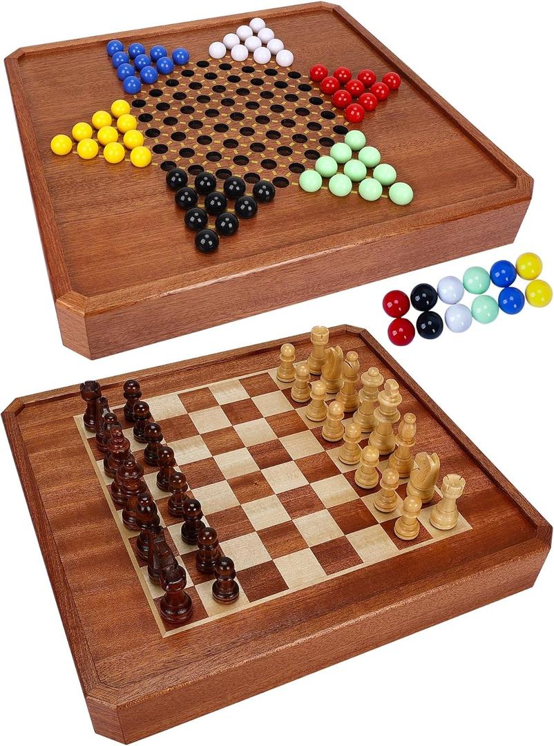 2 in 1 Magnetic Chess Set & 72 Marbles Chinese Checkers Board Game Set, 12" Wooden Board Game with Storage Drawer, Portable Travel Board Games for Adults, Kids and Beginners