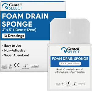 Foam Drain Sponges 4x5-10 Sterile Non Bordered Pads - Non Adhesive and Highly Absorbent Split Sponges for Drainage - Good for IVs, G Tubes, and Tracheostomy Supplies