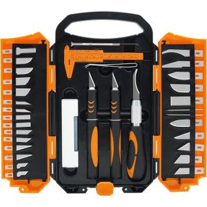34pcs Large Exacto Knife set Deluxe Craft Precision Knife Set Include 3pcs Craft Knives with Anti-Slip Rubber Grip, 25pcs Different Blades, 2pcs Needles, Sharpening Stone, Screwdriver (Orange)