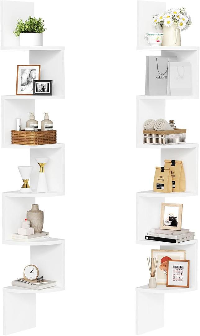 HOOBRO Corner Shelf Wall-Mounted, Set of 2 Floating Corner Shelves for Wall, 6-Tier Corner Bookshelves for Living Room, Bedroom, Bathroom, Home Office, White WT27BJP201 (57.9 Inches)