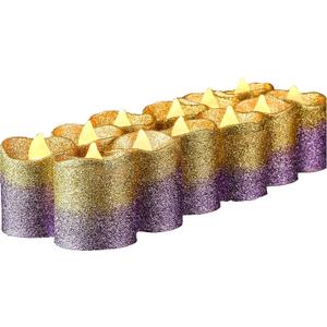 LOGUIDE Gold Flameless Votive Candles, 12-Pack Gold & Purple Glitter Battery Operated LED Tea Lights Candle for Christmas Decorations, Wedding Centerpieces, Party, Birthday, Anniversary