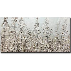 Yotree 24x48 Inch Wall Art Hand-Painted Framed White Flowers Oil Painting On Canvas Gallery Wrapped Modern Floral Artwork for Living Room Bedroom Dcor Ready to Hang