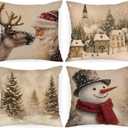Lanpn 14x14 Christmas Throw Pillow Covers Set of 4, Snowman Santa Reindeer Vintage Christmas Pillow Cover Pillowcase Xmas Holiday Decorative Pillow case for Indoor Home Sofa Couch Room Decor