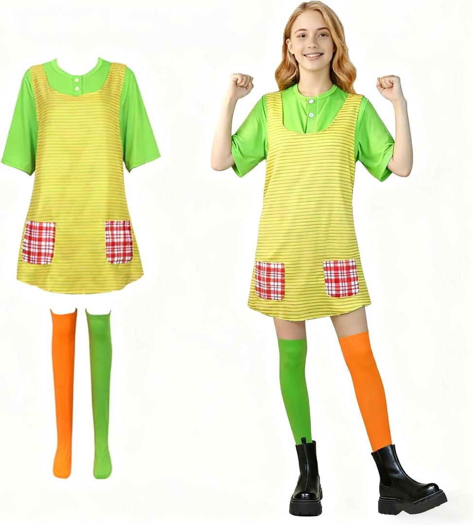 Women Longstocking Costume Set T-Shirt Apron and Stockings Halloween Longstocking Costume Outfit (M (5 ft 5 in-5 ft 9 in/165-175cm))