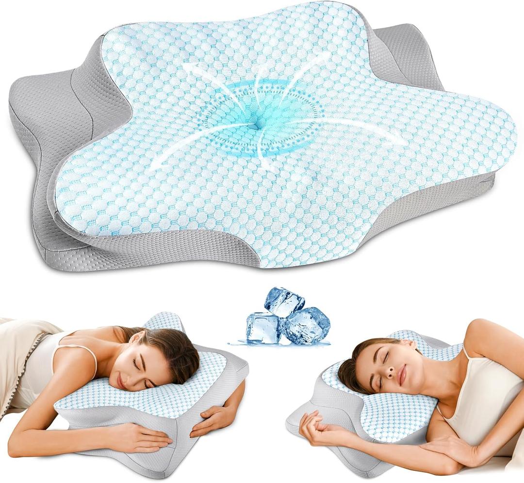 Cervical Pillow for Neck Pain Relief - Ergonomic Pillow for Sleeping Side Sleeper Pillow for Adults, Contour Neck Pillow Cooling Memory Foam Pillows, Orthopedic Bed Pillow for Back Stomach Sleepers (Blue + Grey)
