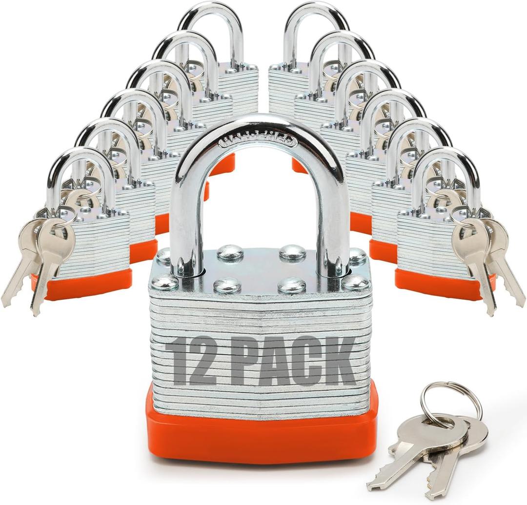Lock Outdoor Padlocks, Laminated Orange keyed Padlock, 1-9/16 in Wide Body, Padlock Set with Keys (12Pack)