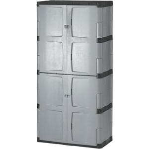 Rubbermaid Freestanding Storage Cabinet Five Shelf with Double Doors Lockable Large 690-Pound Capacity Gray For Garage/Outdoor Garden Tools/Toys/Power Tools/Pool Accessories Grey