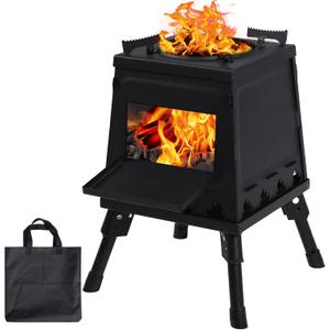 Lineslife Wood Burning Camp Stove, Portable Cast Iron Camping Wood Stove, Black Woodstove with Carrying Case for Backpacking Outdoor Cooking