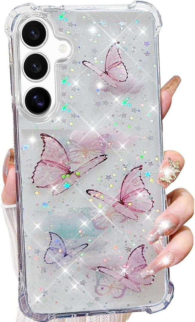 for Samsung Galaxy S25 Clear Glitter Butterfly Case, Cute Bling Sparkle Shiny Stars Soft TPU Bumper Four Corners Aesthetic Shockproof Protective Case for Women Girls for Galaxy S25 6.2", Pink