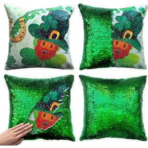 4 x St. Patrick's Day Glitter Sequin Pillow Cover 16x16 Inch - Reversible Sparkle Sequined Cushion Case for Irish Holiday Home Party Decor (Leprechaun)