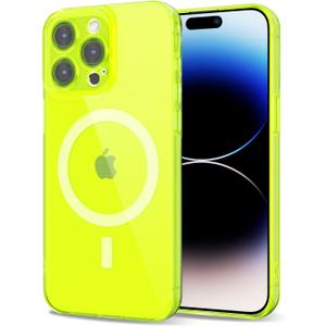 for iPhone 14 Pro Case Clear Compatible with Magsafe Silicone, Bright Transparent Thin Magnetic Mag Safe Case Cute, Girly Trendy Slim Hard Camera Cover Protection, Fluorescent Neon Green Lime