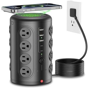 Power Strip Tower Surge Protector, TenTrend 16 Outlets and 5 USB Ports (2 USB-C), 2000 Joules Charging Station, 10FT Flat Plug Extension Cord for Home Office Dorm Room Essentials, Black