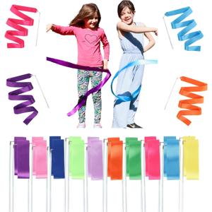 dervea Ribbon Dancing Wands 10pcs Pack, Party Favor for Girls Birthday Favor Bags, Indoor Outdoor Kids Party Games, Gymnastic Party Gifts (Mixed Color with White handle, 10pcs Set)