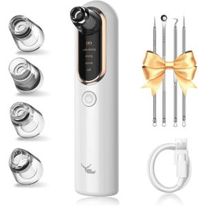 Yccu Blackhead Remover Vacuum Pore Extractor Black Head Remover for Face Blackhead Extractor Pore Vacuum Pimple Extractor Skin Tag Remover Tool Pore Cleaner with USB Charge 4 Modes 5 Suction Heads (White)