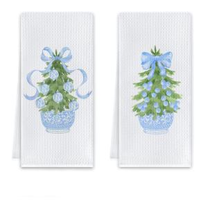 Blue Chinoiserie Christmas Tree Kitchen Towels, Preppy Coquette Bow Christmas Dish Tea Towels for Kitchen, Grandmillennial Xmas Tree Decorative Hand Towel for Bathroom, 16x24 Inch Set of 2