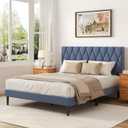 Full Size Bed Frame with Diamond Tufted Headboard, Linen Upholstered Platform Bed and Wooden Slat Support, Noise-Free, No Box Spring Needed, Easy Assembly, Blue