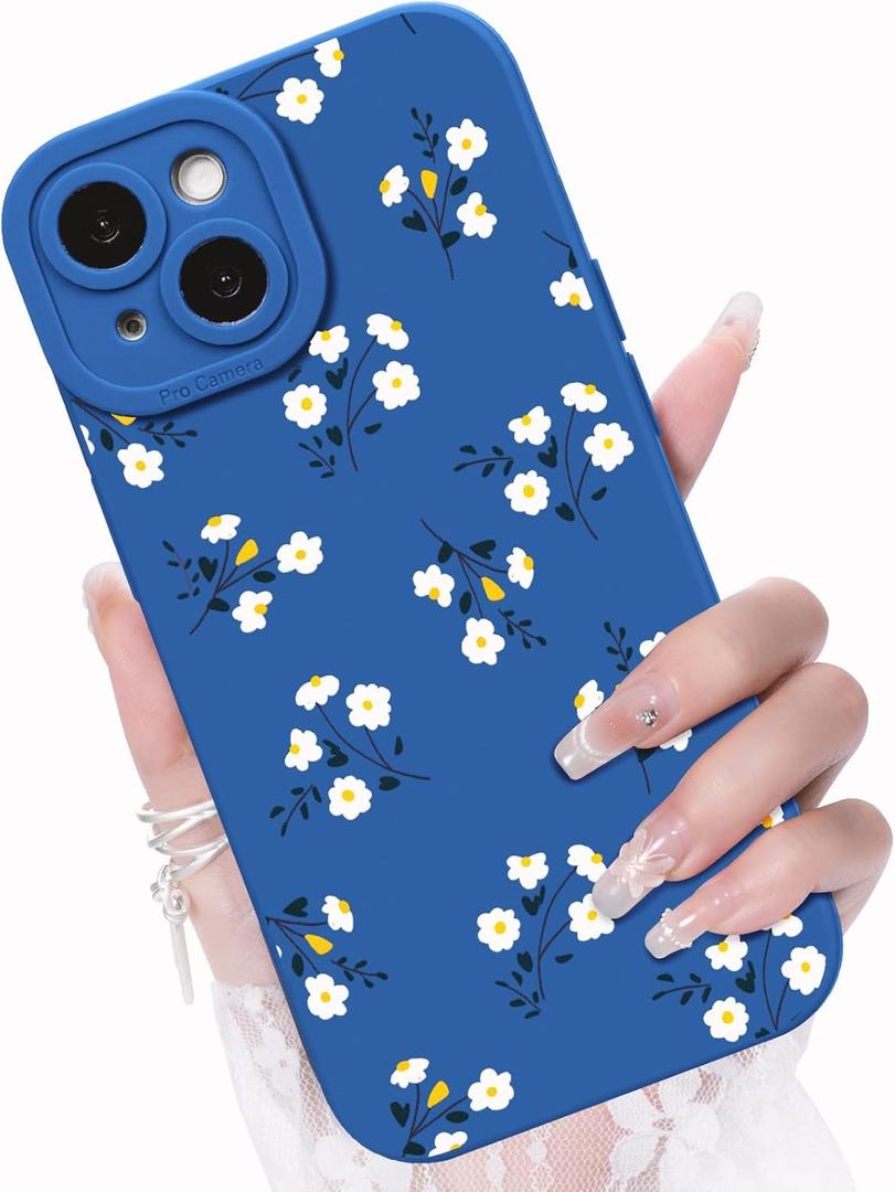 Compatible with iPhone 13 Phone Case, Fashion Flower Pattern Design Girls Women Liquid Silicone Cover, Slim Shockproof and Scratch-Resistant Soft Case for iPhone 13- Blue