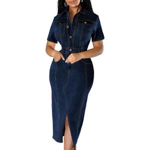 Denim Dress for Women Bodycon Sexy Short Sleeve Jean Split Workwear Dresses with Zipper Club Party Night, L