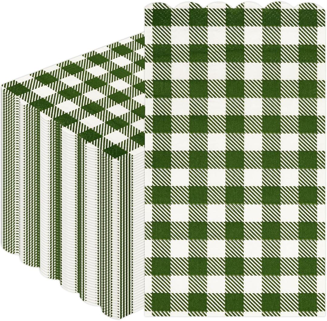 100Pcs Green Gingham Napkins Disposable 3PLY Green Paper Napkins Bathroom Plaid Dinner Scalloped Napkin for Wedding Picnic BBQ Bridal Shower Birthday Wedding Party Supplies 13"x15.8"