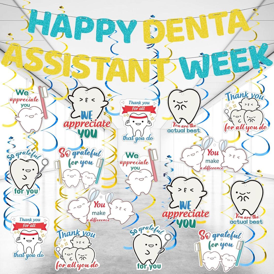 18 Pcs Happy Dental Assistant Appreciation Week Decorations 2 Dental Assistant Banners with 16 Teeth Hanging Swirl We Appreciate Thank You Week for Dentist's Medical Doctor Nurse Theme Party Decor