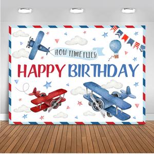 Mocsicka Airplane Birthday Backdrop - Red & Blue Airplane Party Decorations - 'How Time Flies' Happy Birthday Photo Background Banner (7x5ft)