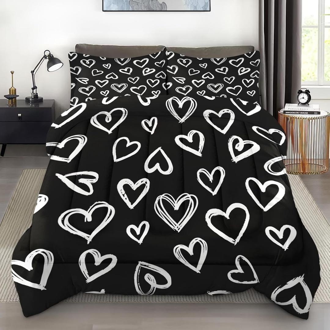 Comforter Set Full Size, Love Valentine Cute Soft 3 Pcs Bedding for Kids and Adults, Polka Heart Black White Comforter Set with 2 Pillowcases, for Bedroom Bed Decor