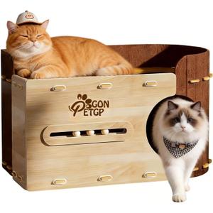 GONPETGP Large Cat Beds for Indoor Cats, Extra Wide Cat House Cave with Scratch Pad Wooden Play Ball, Foldable Felt Kittens Hideaway Condo for Multiple Small Pets