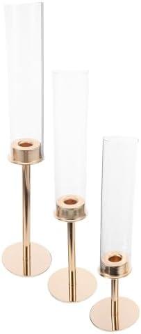 jojofuny 3pcs Gold Glass Hurricane Candle Holders for Table Centerpiece with Heat-Resistant Metal Frame and Easy to Clean Design, Elegant Candle Holders for Home Decor and Wedding Party