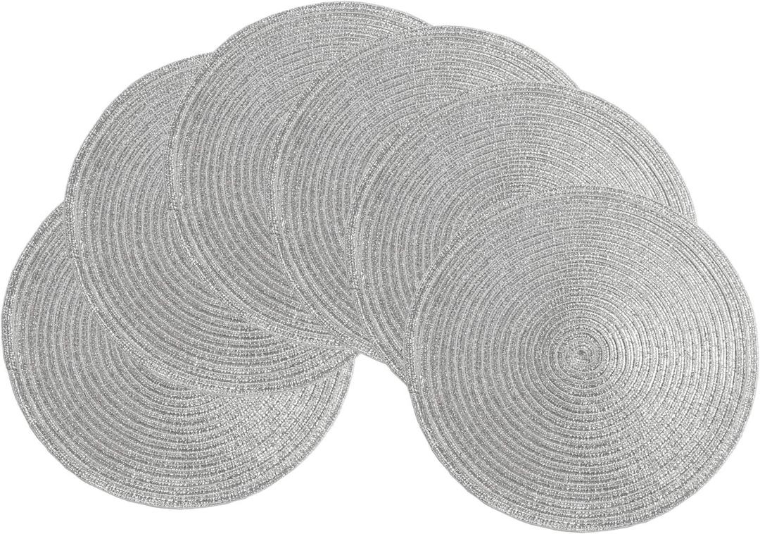 SHACOS Silver Glitter Round Placemats Set of 6 Sparkle Bling Place Mats Glitz Table Mats for Holiday Home Party Wedding Festive Table Decoration (6, Silver)