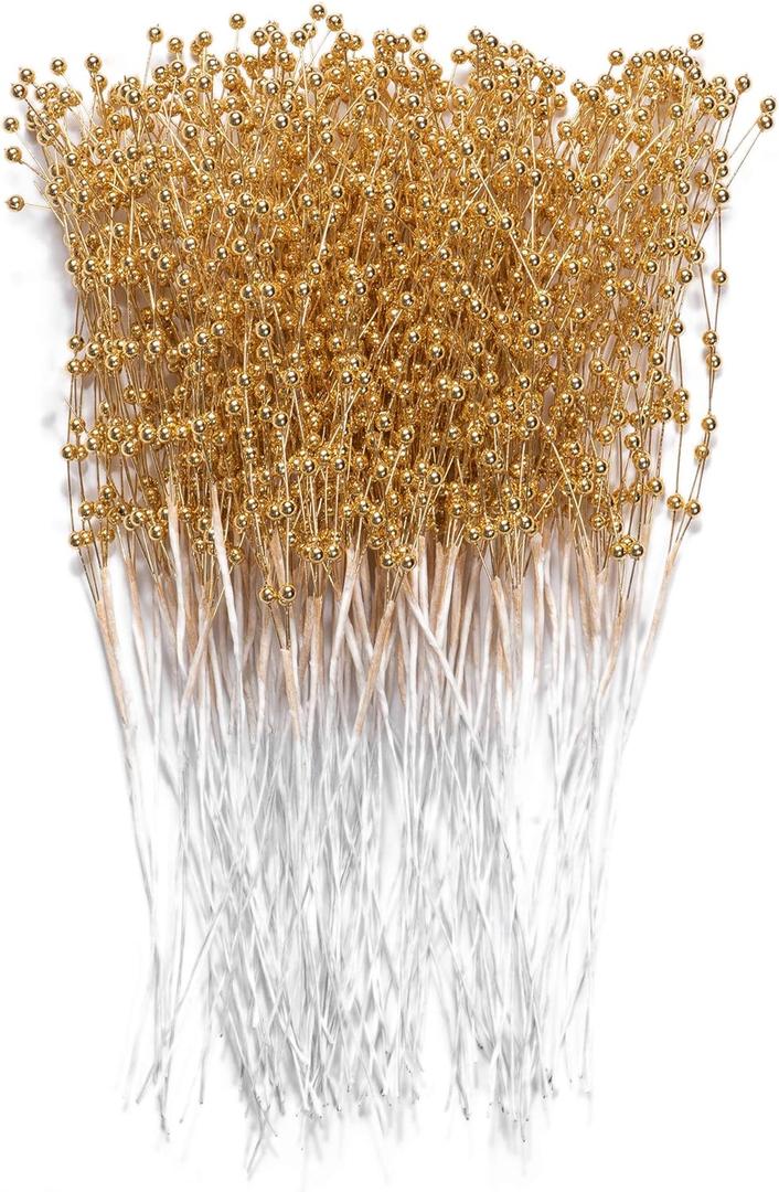 60 Pieces Pearl Stick Stems Bouquets, 4mm Bead String Garland Beaded Spray Filler Floral Arrangements Tree Picks Wedding Party Decoration, Christmas Tree Picks (Gold)