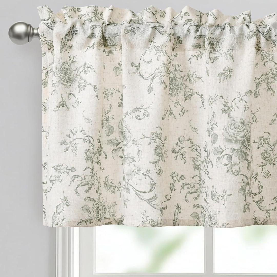 JIUZHEN Thick Textured Linen Floral Valance for Kitchen/Living Room/Bedroom Window, Rod Pocket French Farmhouse Light Filtering Valance Curtain, Green Rose, 52 x 18 Inches, 1 Panel