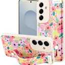 OOK Floral for Samsung Galaxy S25 Plus Silicone Case with Strap for Women Gilrs, Cute Flower Pattern, Slim Soft Wristband Kickstand Shockproof Protection White Blossom Phone Cover