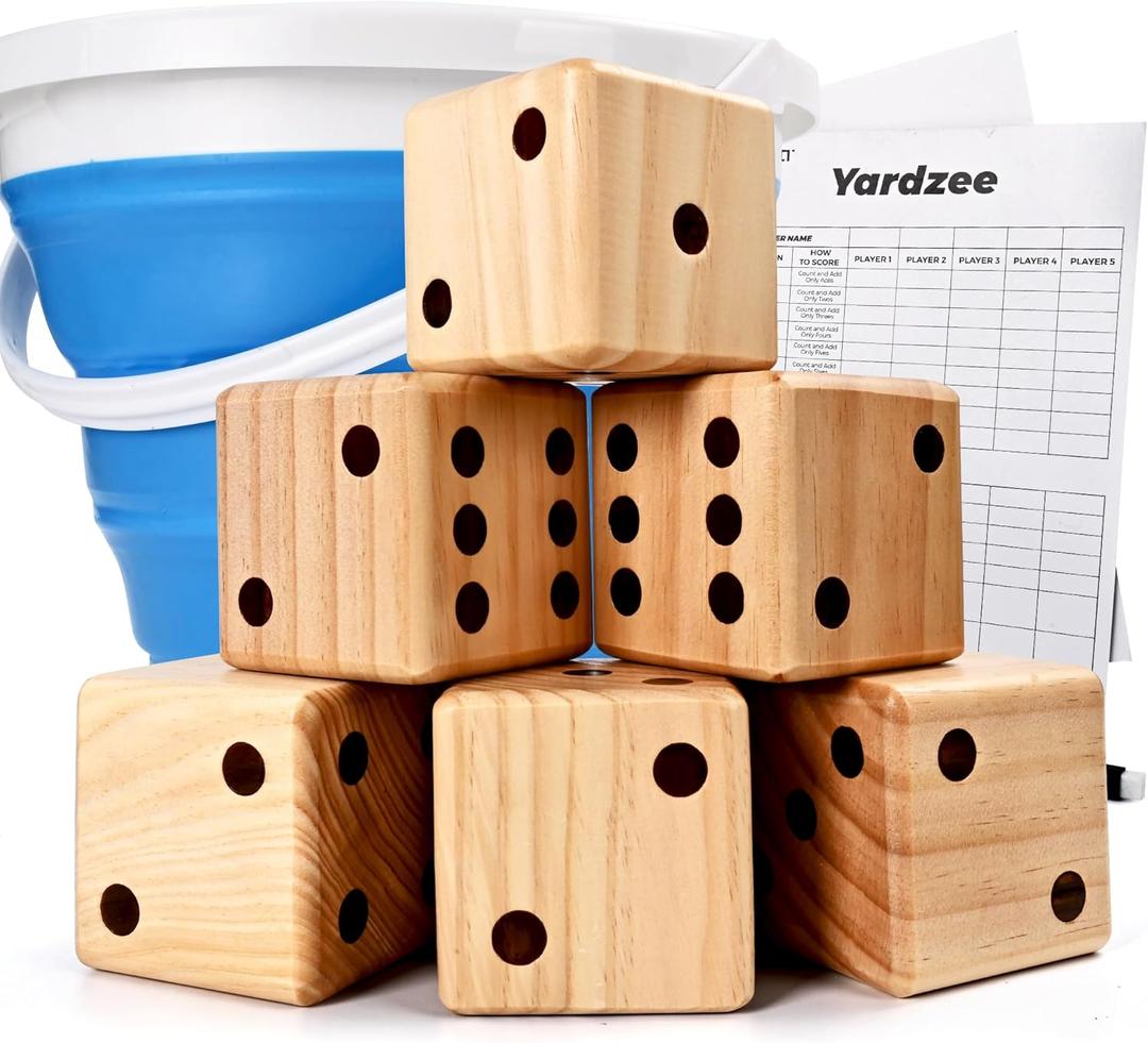ropoda 3.5" Giant Wooden Yard Dice Set for Outdoor Fun, Barbeque, Party Events, Backyard Games, Lawn Games Includes 6 Dice, Collapsible Bucket, Score Cards & Dry Erase Marker