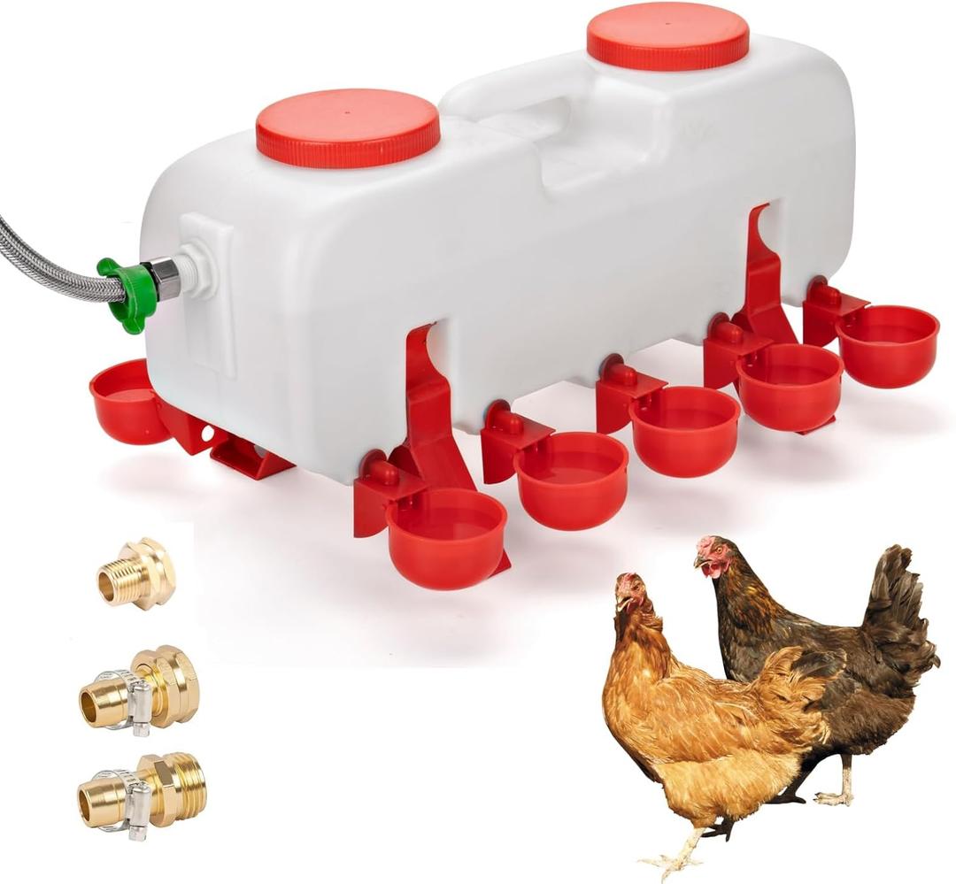 Automatic Chicken Waterer with 10 Drinking Cups and Hose ExtensionsHose Adapters -Ideal for Chicks, Ducklings, Pigeons and Other Poultry. (Without Float Control, With Float Control)