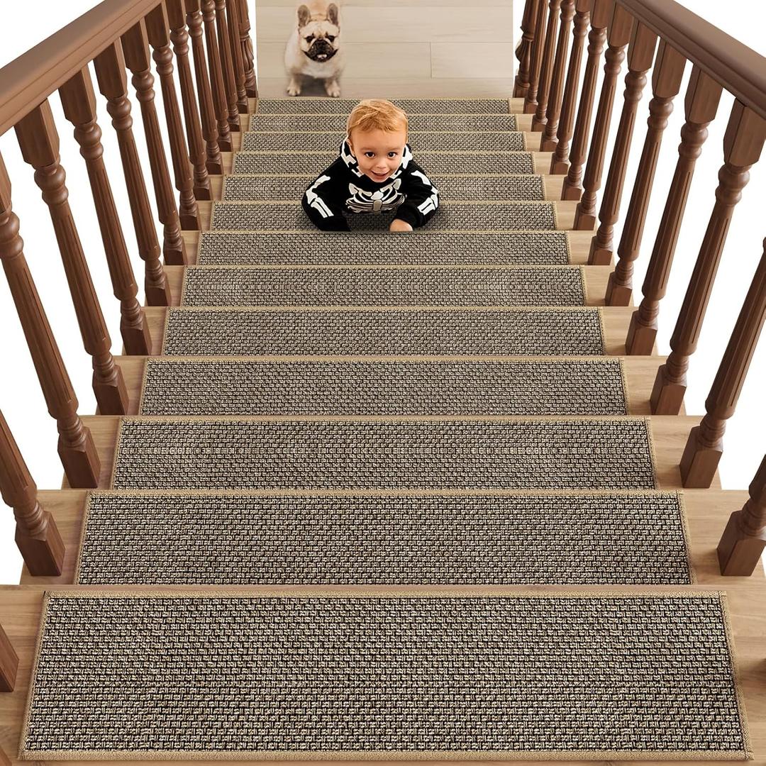 7pcs 8X30 Inches Non Slip Stair Treads for Wooden Steps Indoor,Machine Washable Rubber Backing Stair-Runners for Wooden Steps,Residue Free Carpet Stair Treads for Kids and Dogs (Brown)
