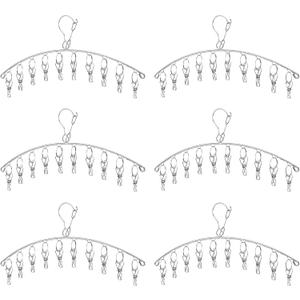 Clothes Hanger with 10 Clips Laundry Drying Rack 6 Pack, Clothes Drying Rack Stainless Steel Sock Hangers Windproof Clip and Drip Hanger for Drying Socks, Bras, Towel, Underwear, Baby Clothes