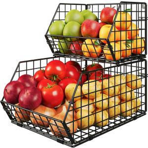 2 Tier Stackable Wire Basket-Kitchen Counter, Pantry Organization and Storage - Cabinet, Countertop Space Saving Organizing - Produce, Fruit, Vegetable,Onion, Potato, Bread Organizer Bin (Large, Black)