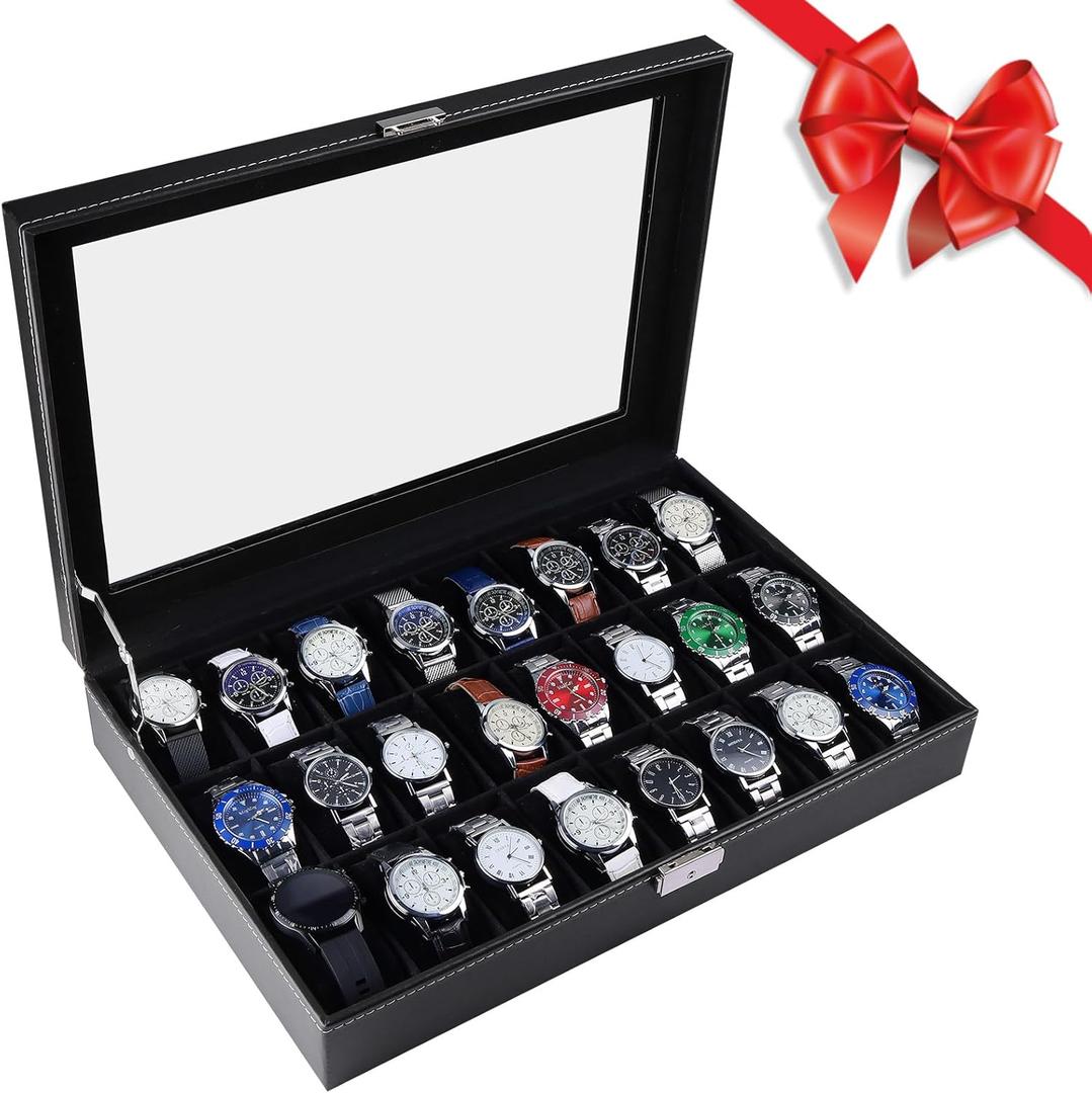 Artilife 24 Slot Watch Box for Men,Watch Cases for Men,Watch Display Case,Glass Top,PU Leather Display Storage Collection Organizer Jewelry Case Watch Organizer with Removable Pillows Black