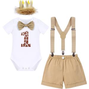 IBTOM CASTLE Baby Boy First Birthday Outfit Jungle Theme Romper+Shorts+Y-Back Suspenders+Headband 4PCS Clothes Photo Props (1T, Khaki)