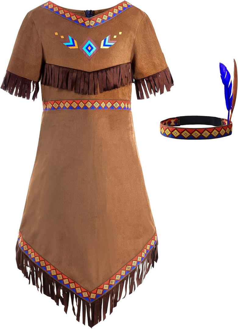ReliBeauty Girls Native Costume Kids Dress Outfit,130 (6-7/130, Brown)