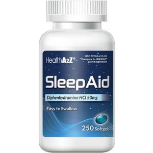 HealthA2Z Sleep Aid, Diphenhydramine Softgels, 50mg, Supports Deeper, Restful Sleeping (250 Counts) (250 Count (Pack of 1))