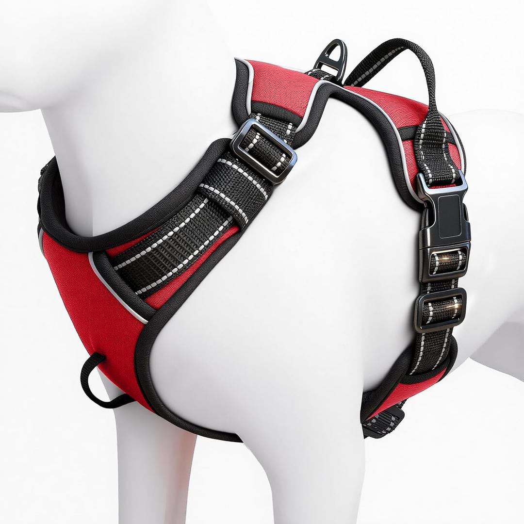 No Pull Dog Harness, No Chock Reflective Adjustable Soft Padded Pet Vest with Easy Control Handle, Easy Wearing with Stylish, Reinforced Knot, 2 Buckles Red XS